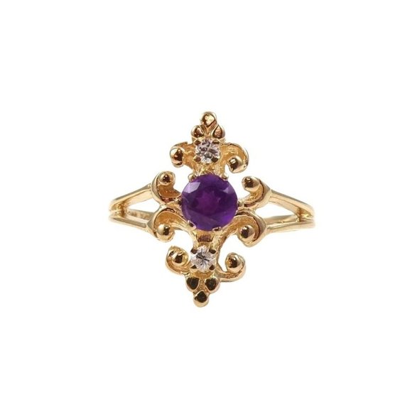 Solid 14K Yellow Gold Purple Amethyst Natural Diamond Accent Ring Size 6.5